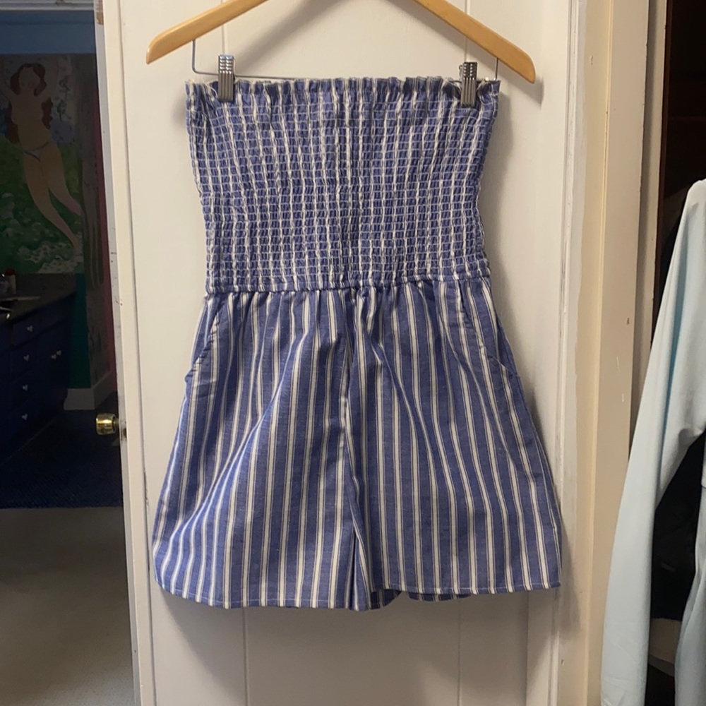 blue & white striped strapless romper.